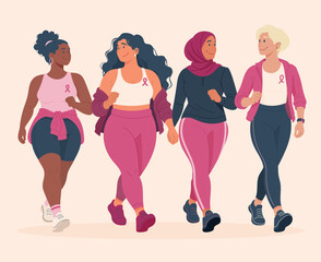 Illustration de quatre femmes diverses participant à une marche solidaire pour Octobre Rose. Mobilisation, activité physique, prévention et soutien contre le cancer du sein.