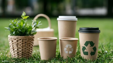 Recyclable paper coffee cups with plant in basket on green grass promoting eco friendly lifestyle and sustainable consumption