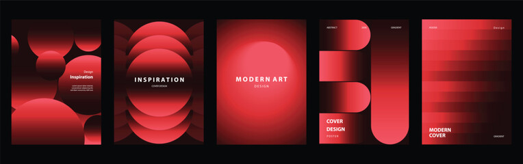 Red and black abstract cover templates set. Vector vertical poster and brochure layouts with bold gradient circles, curves and geometric shapes