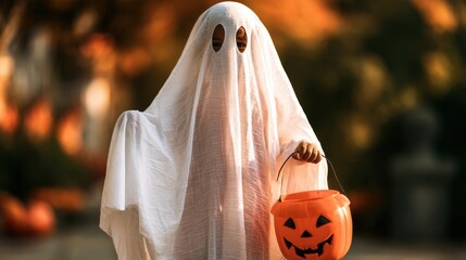 Child dressed as ghost wearing white sheet costume holding orange pumpkin bucket for trick or treating outdoors in autumn evening