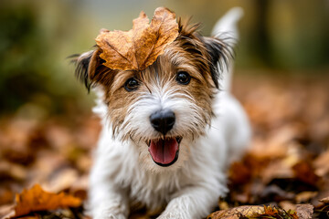 Cute Jack Russell Terrier puppy portrait in autumn. Happy dog playing with fallen leaves in the forest