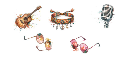 art set Music Festival Acoustic Guitar Watercolor indie music festival guitar and boho feather elements for festive shirt design