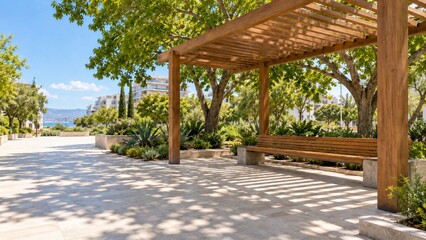 Wooden Pergola with Shaded Bench in Green Urban Park and Sustainable Public Space