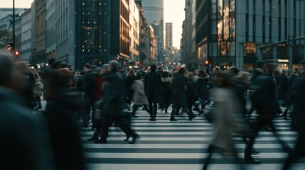 Blurred crowd of people walking across a city crosswalk at sunset