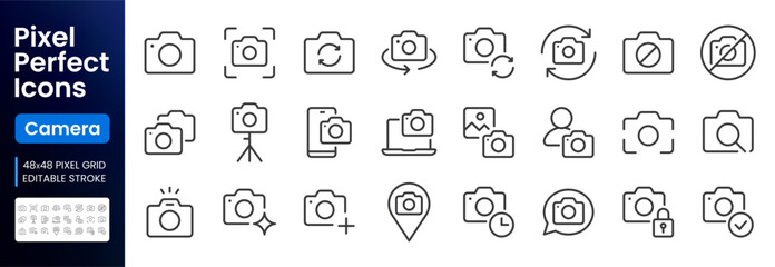 Camera line icon set. Photography autofocus, rotate, sync, tripod, webcam, photo search, flash timer, location minimal vector illustration. Simple outline signs. 48x48 Pixel Perfect. Editable Stroke