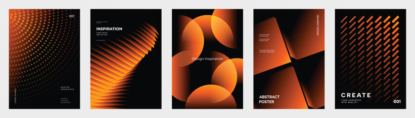 Abstract orange gradient poster templates set. Vector dark backgrounds with halftone dots, layered stairs, translucent circles, folded shapes and diagonal patterns for bold creative layouts.