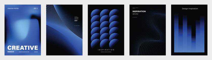 Abstract blue gradient poster templates set. Vector futuristic backgrounds with flowing waves, 3D spheres, mesh lines, blurred shapes and geometric bars for modern creative layouts.