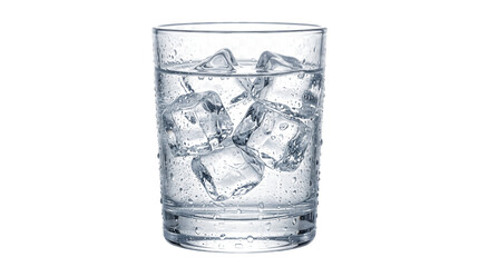 Glass of ice water with condensation on white background
