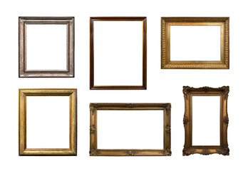 Collection of antique gilded picture frames isolated on white background