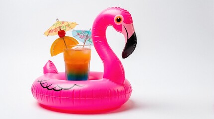 Pink flamingo float holds layered tropical cocktail with orange slice and cherries. Bright fun drink for pool party, summer vacation refreshment.