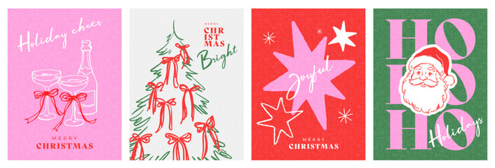 Playful contemporary Christmas card set with hand-drawn tree decorated with oversized red bows, champagne glasses, festive stars and Santa with ho ho ho typography. Cheerful holiday concept for greeti