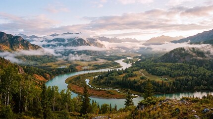 Panoramic Aerial View of Winding Turquoise River Through Lush Mountain Valley with Morning Mist and Sunset Clouds