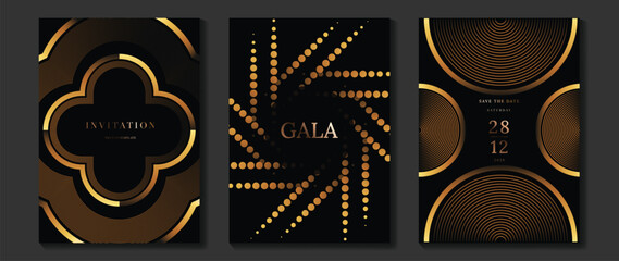 Luxury wedding invitation vector templates set. Black and gold elegant event cards with geometric lines, glowing dotted circles and modern gala poster designs