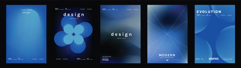 Abstract poster templates set. Vector blue gradient geometric backgrounds with glowing lines, soft circles and modern digital compositions for covers, flyers, brochures and branding.
