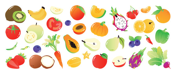 Fruit and vegetable illustration collection. Vector kiwi, banana, peach, tomato, papaya, pumpkin, dragon fruit, citrus and coconut drawings for colorful food design.
