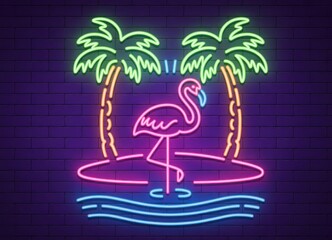Neon sign of a pink flamingo and palm trees glowing on a dark purple brick wall background