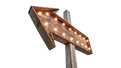 Vintage wooden arrow sign board with glowing light bulbs