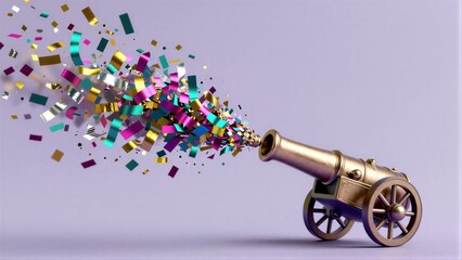 Cannon shoots vibrant confetti, celebrating joy and festivity against a soft purple backdrop.
