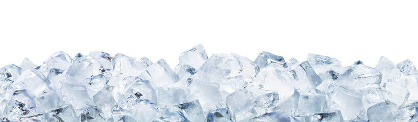 Composition of crushed natural ice cubes packed tightly together, isolated on a white background.