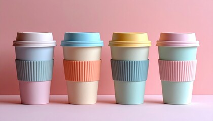 Four pastel reusable coffee cups with silicone sleeves