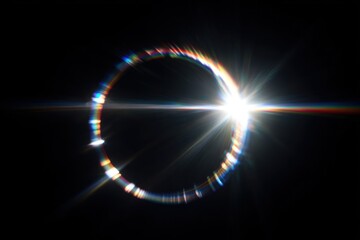 A solar eclipse with a bright corona and colorful light flares.