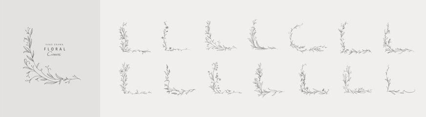 Set of whimsical drawing various flowers frames and corners. Luxury floral collection for wedding invitation, wallpaper art or save the date card. Botanical vector