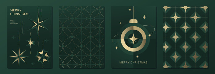 Luxury Christmas and Happy New Year 2027 vector poster collection with dark green and gold geometric patterns, sparkling stars, circular ornaments and elegant festive details