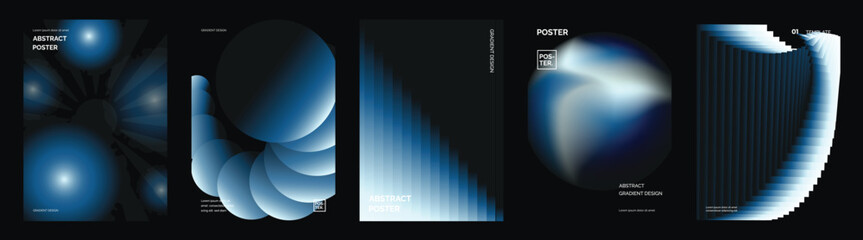 Futuristic vector poster collection with dark blue gradients, glowing spheres, abstract light beams and modern technology backgrounds