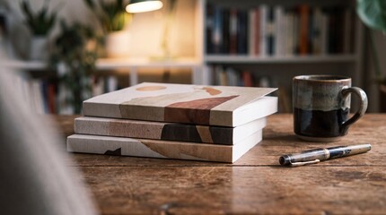 Stack of Minimalist Indie Books on Rustic Desk for Social Media Background