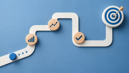 3D roadmap winding path on blue background featuring wooden business strategy icons with bar chart checkmark and final bullseye target for success journey
