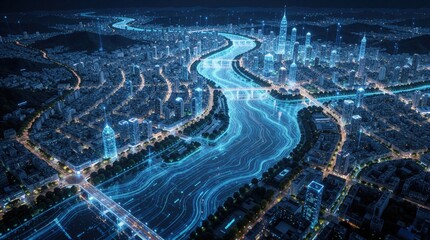 Glowing digital streams flow through city river at night. Futuristic AI analyzes data visualizing urban network. Smart city tech predicts future events, manages water resources, preventing disasters.