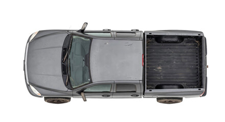 Top down view of a dark gray pickup truck isolated on a clean white background for design