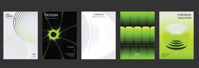 Minimal futuristic vector poster template set with lime green black white gradients, optical lines and cyber geometric backgrounds