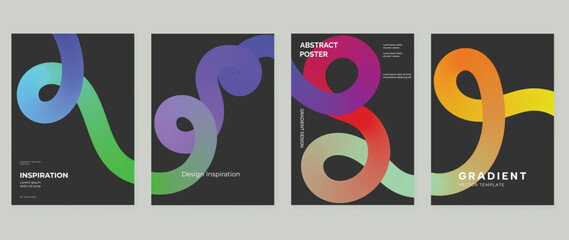 Colorful abstract vector poster set with looping gradient ribbons on dark background, modern geometric wall art and creative templates