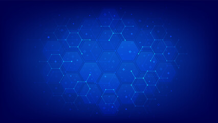 Medical technology background with molecular network and medical cross symbols. Abstract hexagonal pattern for medicine, healthcare, biotechnology, chemistry and science. Vector illustration.