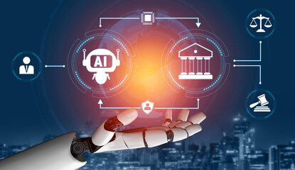 Hand of a Robot Offering Digital Interface with Icons of AI, Law, Justice, and Governance in a Futuristic Cityscape Background Quark.