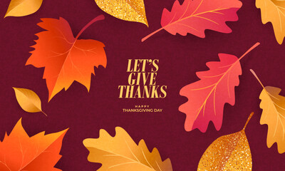 Thanksgiving greeting card, cover, invitation featuring beautiful, vibrant autumn leaves against a trendy burgundy background. A modern, autumn design template for festive event, advertising, branding