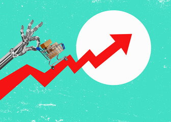 White robot hand – a cyber bot holding a shopping cart with its fingers. Isolated on a plain, flat-design background. Commerce trend chart.