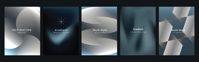 Abstract vector gradient poster collection with metallic curves, dark blue backgrounds and modern geometric cover layouts
