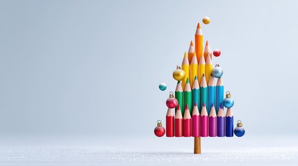 Creative christmas tree made of colored pencils with festive ornaments on white background