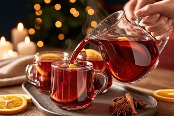 Hot mulled wine being poured from glass pitcher into clear mugs with orange slices, cinnamon sticks and star anise on wooden tray, warm candlelight background