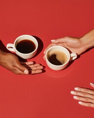 Two hands holding coffee cups directly shot from above on vibrant red background for advertising
