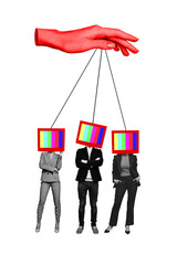 Trend artwork sketch image collage of workspace hand hold rope control team lady man cyberbullying propaganda tv monitor display head