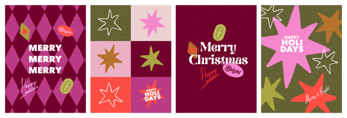 Modern Christmas Card Collection with Bold Typography, Geometric Shapes and Hand Drawn Stars. Contemporary holiday artwork for greeting cards, posters, covers, social media and seasonal branding.