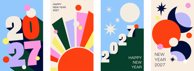 New Year 2027 posters, bold shadowed numerals, a rising sunburst, a staircase and moon phases. Bright festive greeting cards and new beginning templates