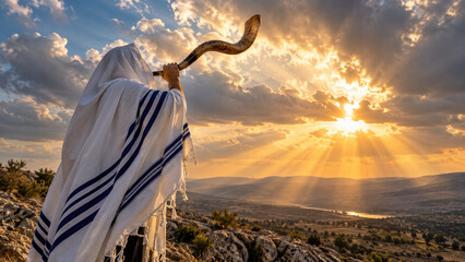 Man in Prayer Shawl Blowing Shofar Under Dramatic Sun Rays