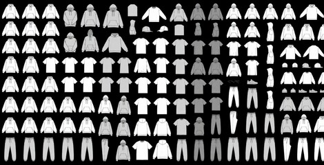 Large collection of clothing flat sketches. Apparel technical drawings include hoodies, t-shirts, pants, jackets, accessories. Fashion designer templates for streetwear tech packs, garment