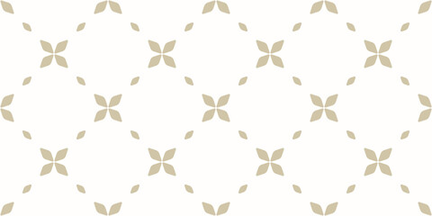 Luxury vector minimal floral texture. Elegant golden geometric seamless pattern with flowers, leaves, lattice, grid. Vector abstract gold and white background in oriental style. Repeating geo design