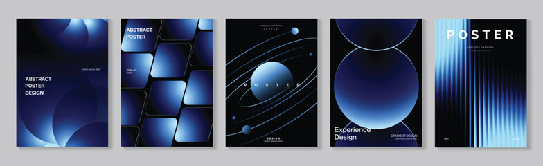 Blue Gradient Poster Vector Collection with Futuristic Metallic Forms, Orbital Geometry, Dark Abstract Shapes and Sleek Technology Covers
