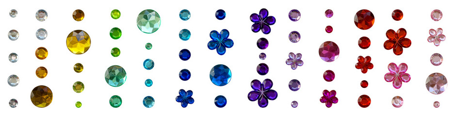 Colorful cut out rhinestones and gems collection. Shiny crystal jewels and flower gemstones isolated on transparent background png set for scrapbook, collage, social media posts, trendy photo overlays
